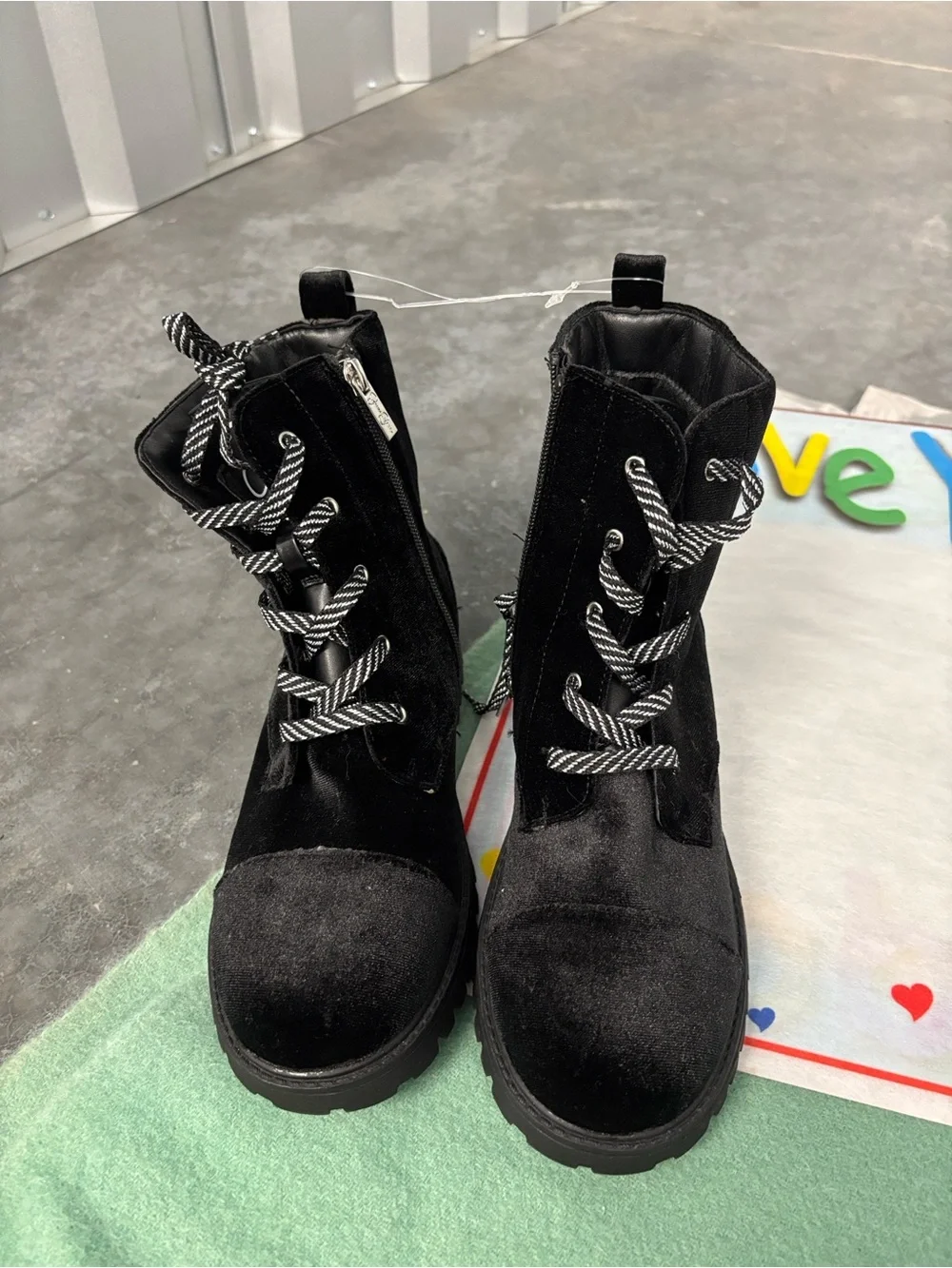 NWT Jessica Simpson Jes468 Black Velvet Combat Boots Stripe Laces Zip Side Bling